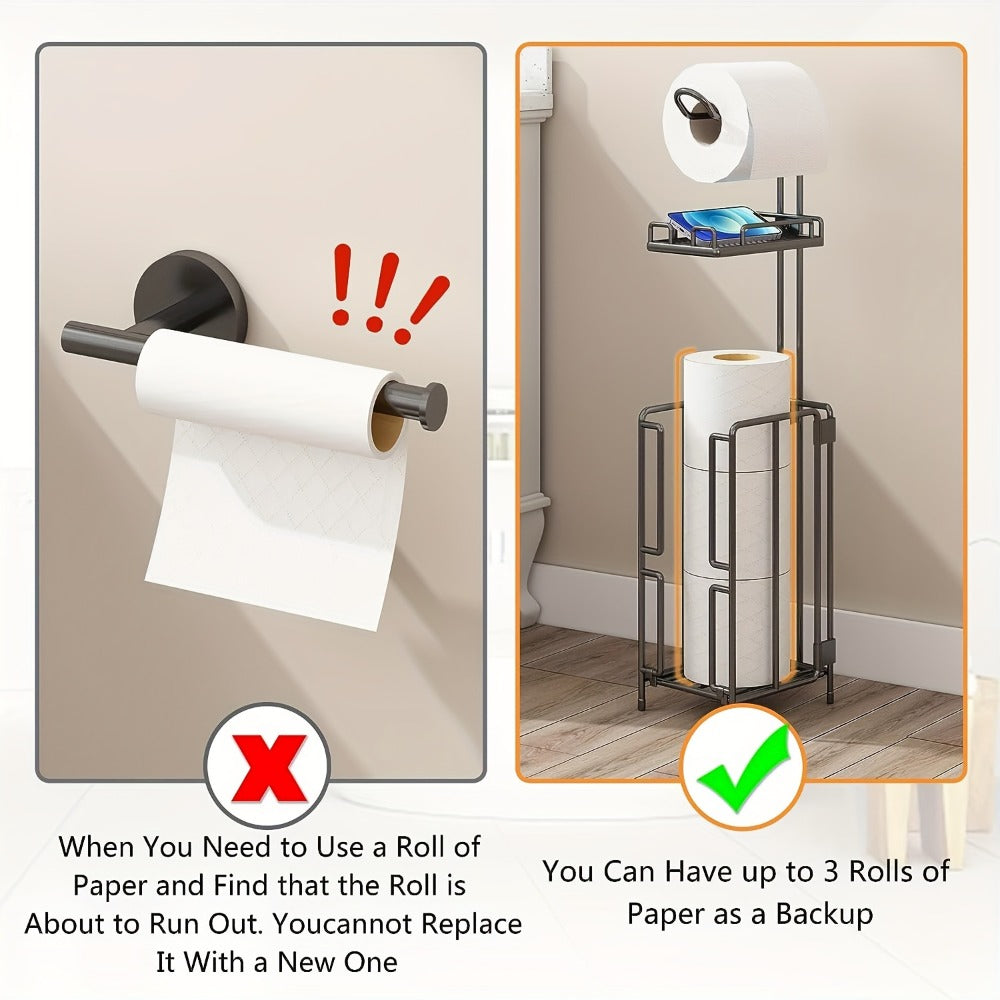 Freestanding Toilet Paper Holder with Square Reserve-Roll Cage, Upper Shelf and Single or Two-Pack Options