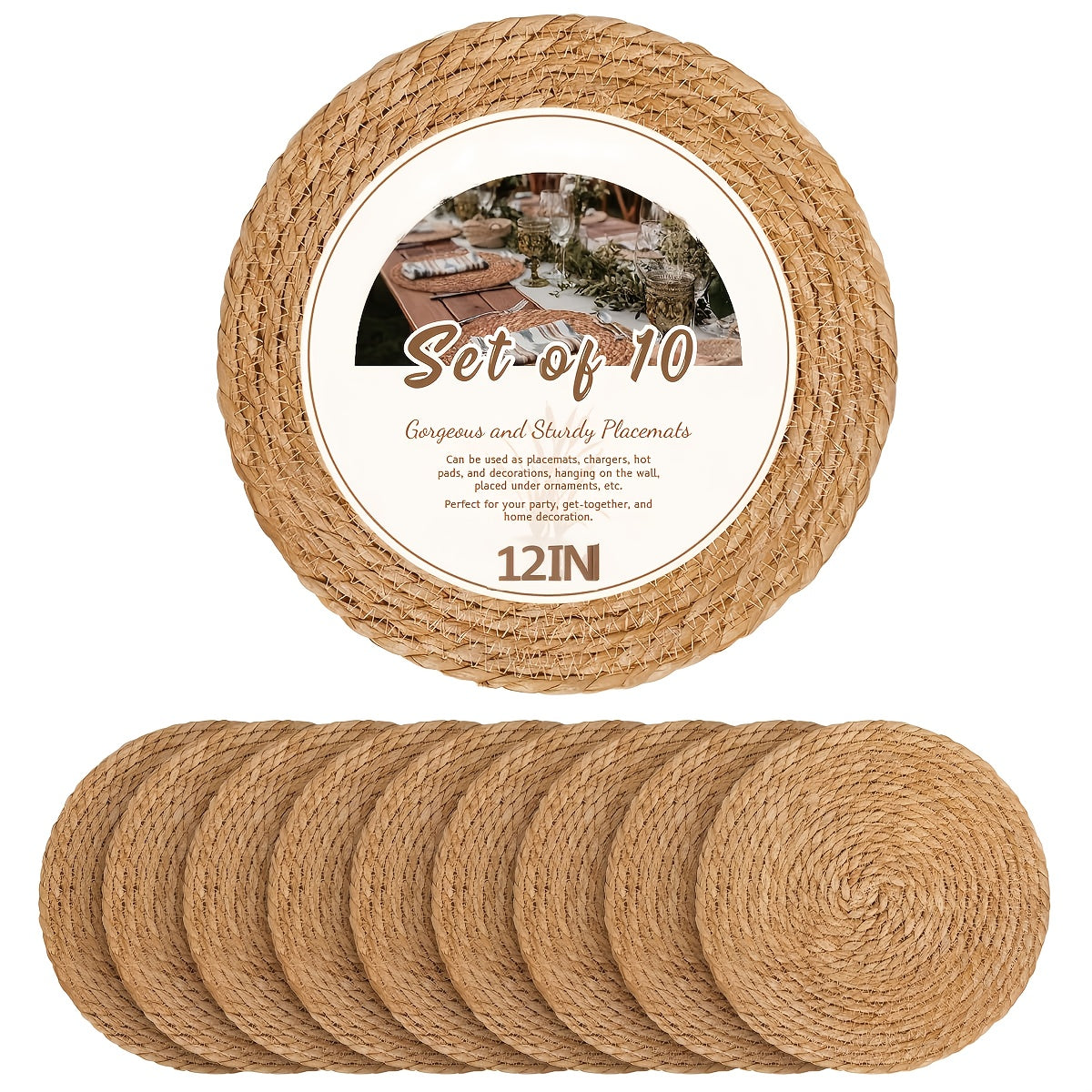 Woven Round Placemats in 10- or 30-Piece Sets with Matching Holders and 12-Inch Natural Look