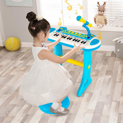 Kids Piano Keyboard 31-Key with Microphone & Stool, 22 Demos 8 Tones 7 Rhythms Flashing Lights, Portable Musical Toy for Toddlers Boys Girls Age 3+, Blue