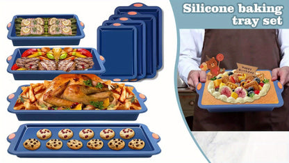 Silicone Baking Pans Set 4-Piece – Nonstick Bakeware with Metal Reinforced Frame, Includes Baking Sheet, Cookie Sheet & Cake Pan with Grips, Oven Safe, Easy Release – Navy Blue & Light Gray