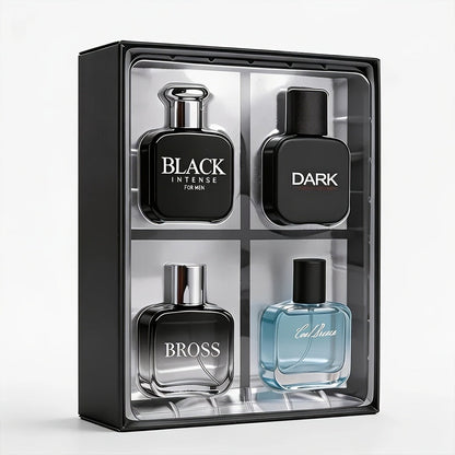 Perfume Gift Set for Men with Four 30ml Eau de Parfum Bottles, 1.5oz Body Mist and Black Box