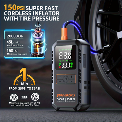 5000A Car Jump Starter with 150 PSI Digital Tire Inflator, 12V Clamps and 44.4Wh, 59.2Wh or 74Wh Options