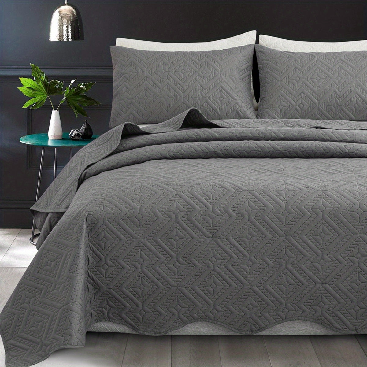 Rhombus-Pattern Three-Piece Bedspread Set in Khaki, Matcha, Blue and Grey with Twin to King Sizes