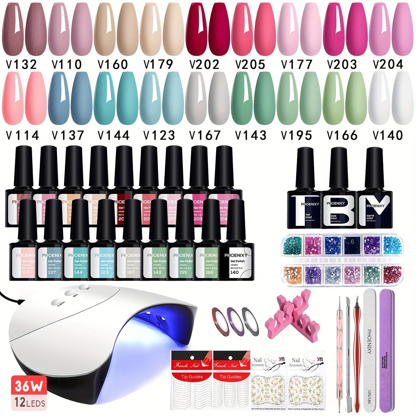 36-Piece Gel Nail Polish Kit with 36W UV LED Lamp, Three Checkout Sets and Pink-to-Blue Color Range