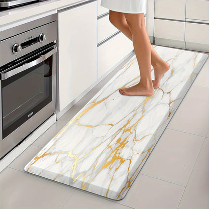 Marble-Pattern Kitchen Floor Mat in Three Exact Rectangular Sizes with Cushioned Low-Profile Form