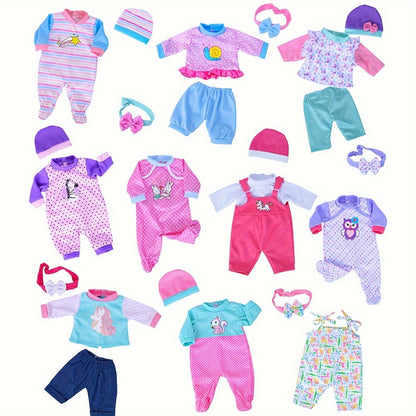 10-Outfit Doll Clothes Set for 14–16-Inch Newborn-Style Dolls with One-Pieces, Tops, Pants and Headwear