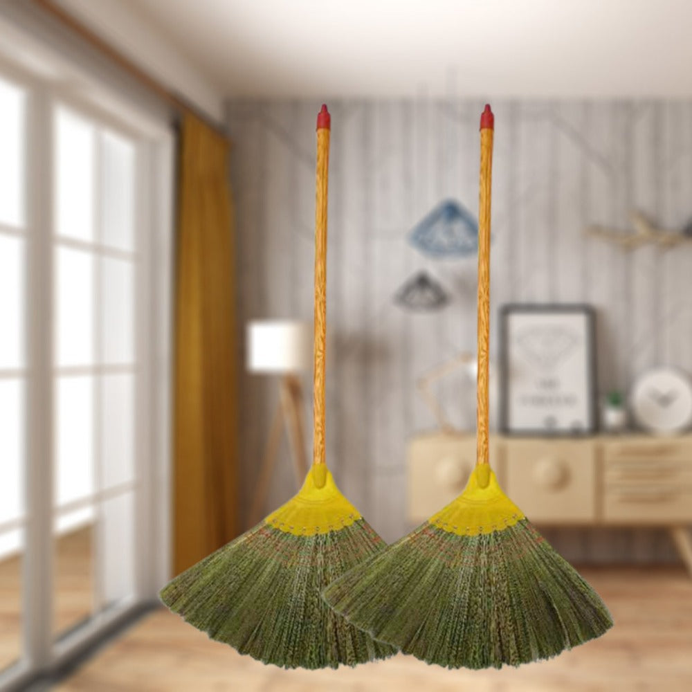 Extra-Long Miscanthus Broom with Soft Full-Length Bristles and Yellow Wrapped Handle for Home Sweeping