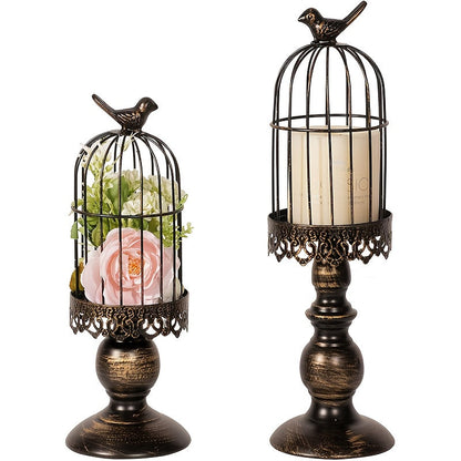 Birdcage Candle Holder Set of Two with Metal Pedestal Bases, Bird Finials, 30cm and 38cm Heights in Black or White