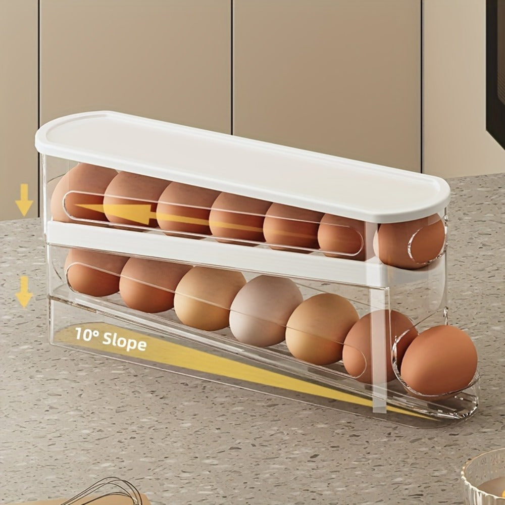 White Double-Layer Rolling Egg Dispenser with 38.2 cm Length for Refrigerator Shelf Storage