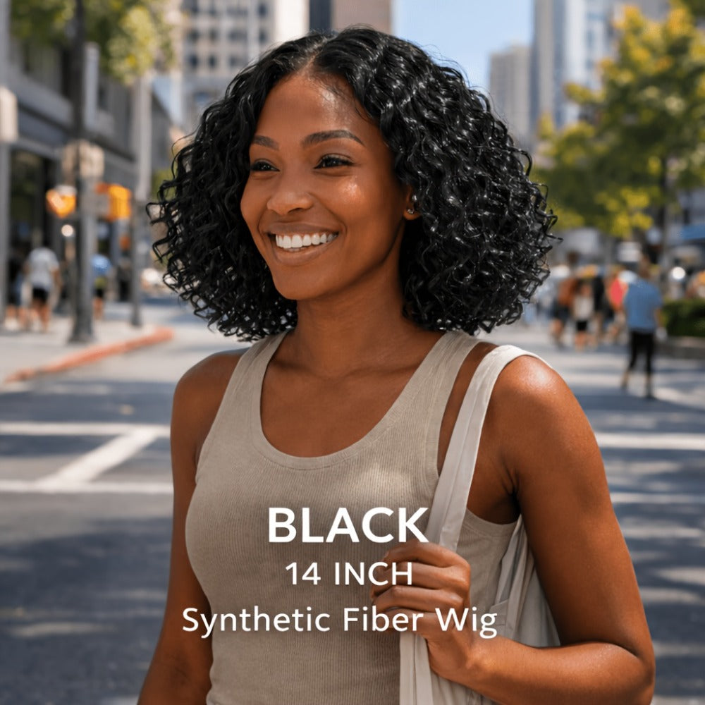 Synthetic Wig 14-Inch Deep-Wave Curly Bob with Glueless Rose Net Cap in Four Colors for Daily Style