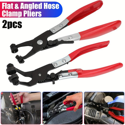 Hose Clamp Pliers Set 2pc – Angled Swivel Jaw, Locking, Spring-Loaded, Manganese Steel, Fits Ring & Flat Band Clamps for Automotive Fuel Coolant Hose Repair (215mm)