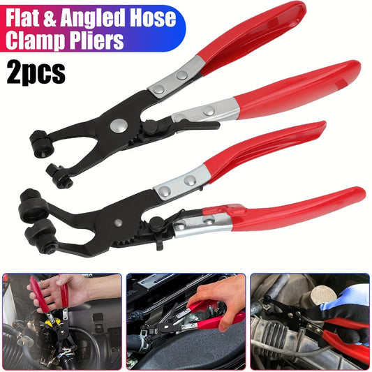 Hose Clamp Pliers Set 2pc – Angled Swivel Jaw, Locking, Spring-Loaded, Manganese Steel, Fits Ring & Flat Band Clamps for Automotive Fuel Coolant Hose Repair (215mm)