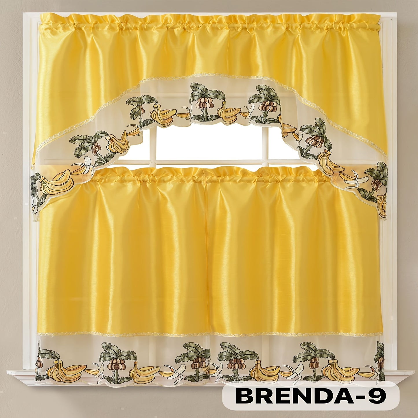 Three-Piece Patterned Kitchen Curtain Set with One Valance, Two Tiers and Forty-Six Exact Design Options