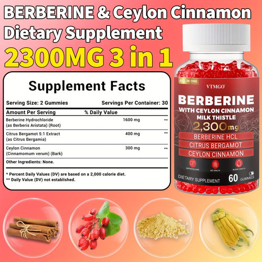 Berberine HCL Gummies 2300mg 60ct with Ceylon Cinnamon, Milk Thistle & Turmeric for Blood Sugar Balance, Metabolism, Liver & Gut Health, Berry Flavour for Men & Women