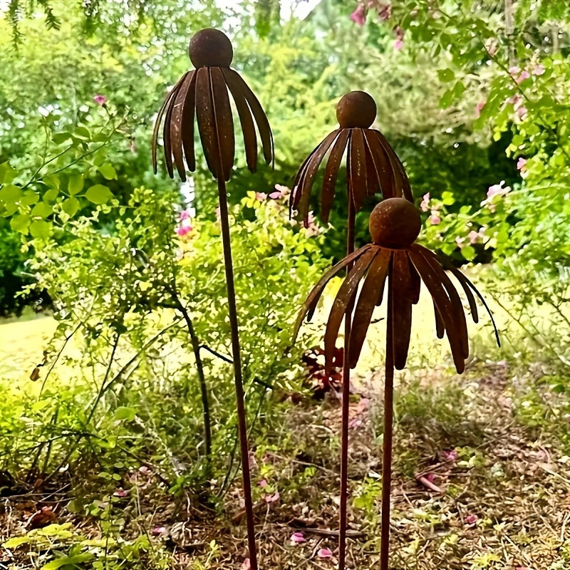 Rustic Iron Coneflower Garden Stake with 78 cm Stem, 13 cm Bloom and Ground Insert for Pots and Borders