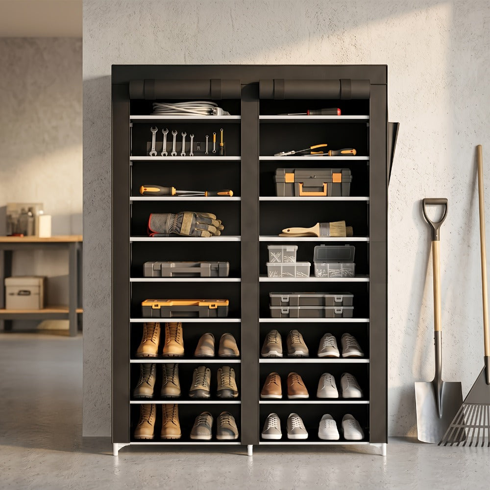 Shoe Rack 9-Tier Portable Double-Row Organizer for Up to 42 Pairs with Black Nonwoven Fabric Cover