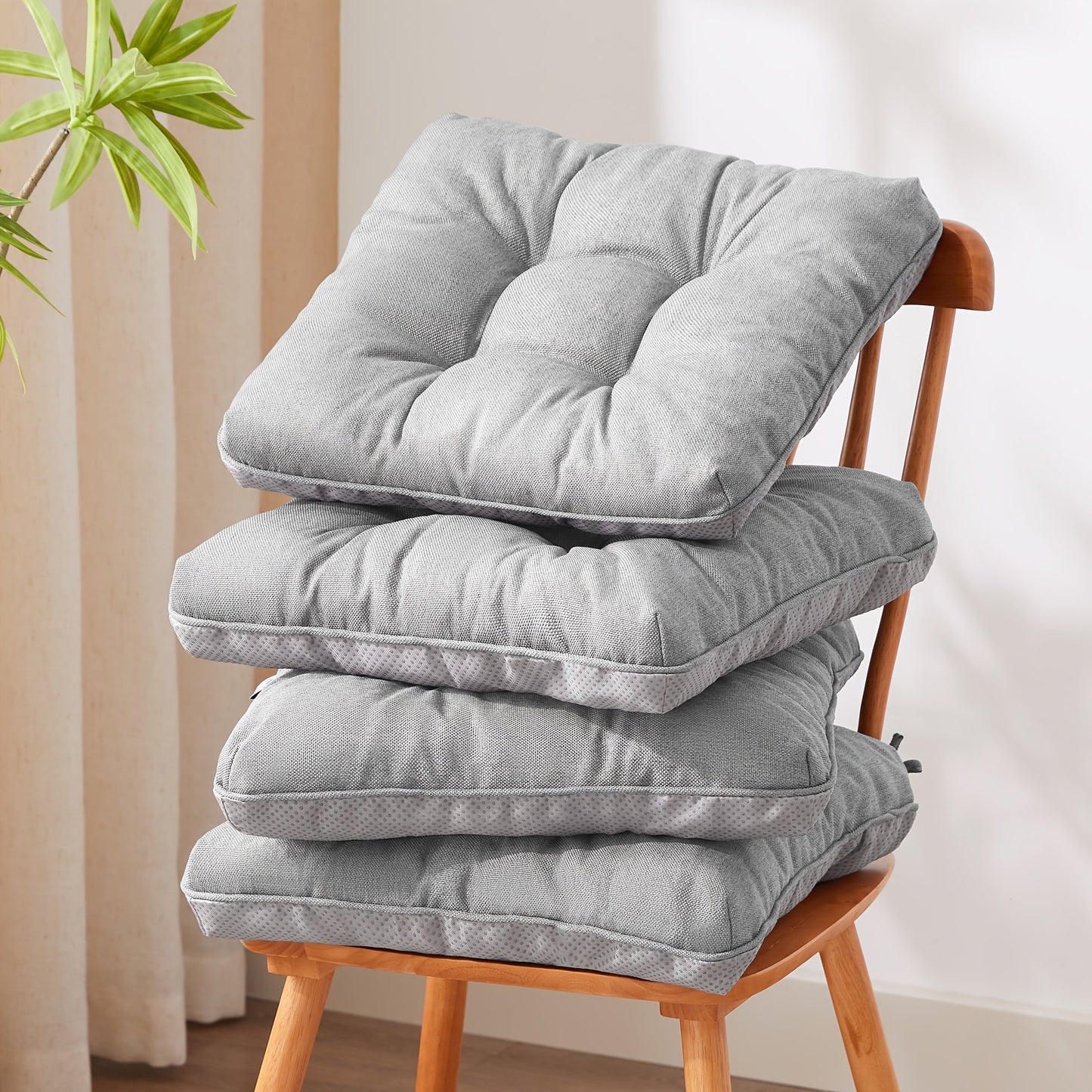 Tufted Chair Cushion Set with Four 15.5-Inch Pads, Tie Straps and 11 Solid Color Choices for Dining Chairs