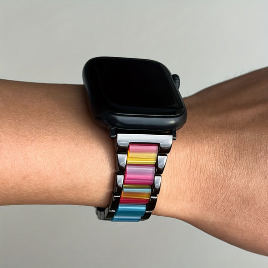 Watch Band with Stainless Steel and Resin Links in Gradient Brown or Rainbow Colors for Apple Watch Sizes