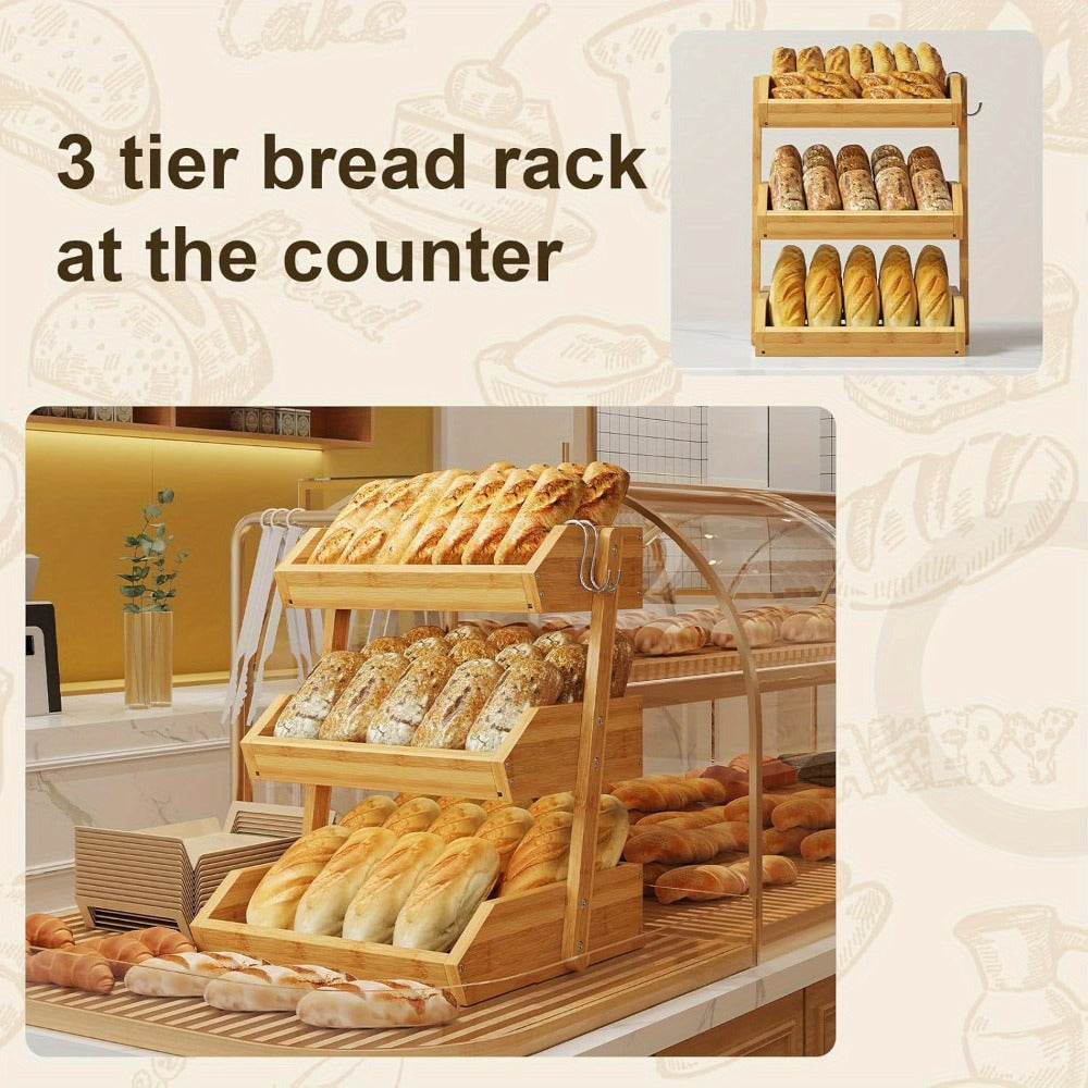 Fruit Rack Kitchen Organizer 2 or 3 Tier Natural Bamboo Freestanding Basket Shelf with Two Hooks