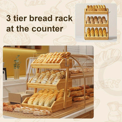 Fruit Rack Kitchen Organizer 2 or 3 Tier Natural Bamboo Freestanding Basket Shelf with Two Hooks