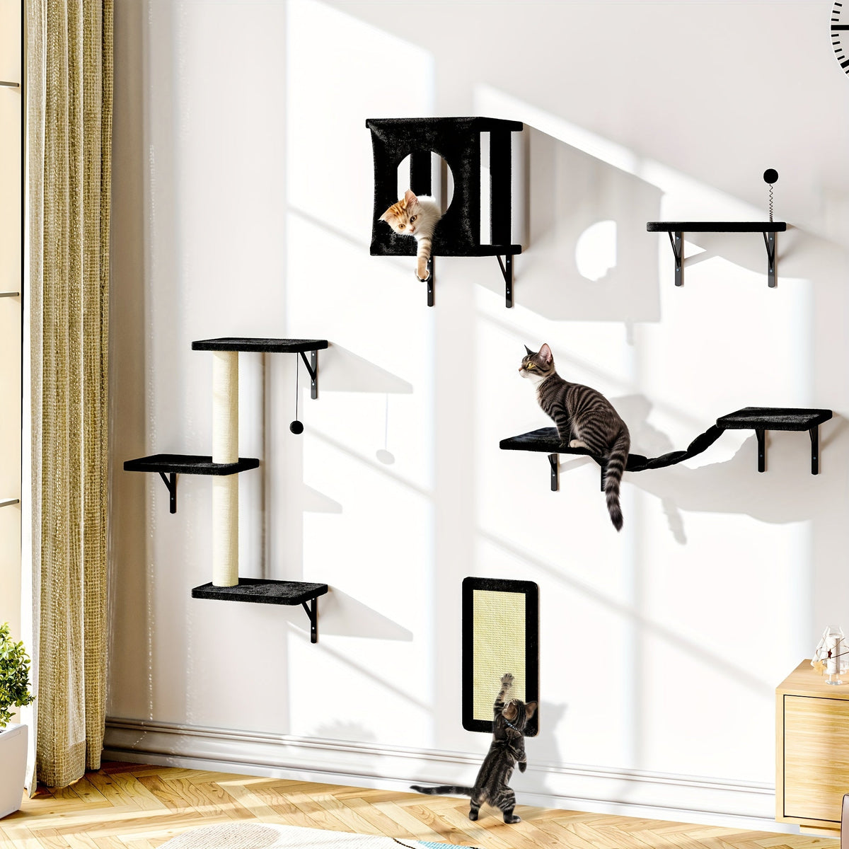 Five-Piece Wall-Mounted Cat Furniture Set with Open Perches, Suspended Bridge and Enclosed Cube