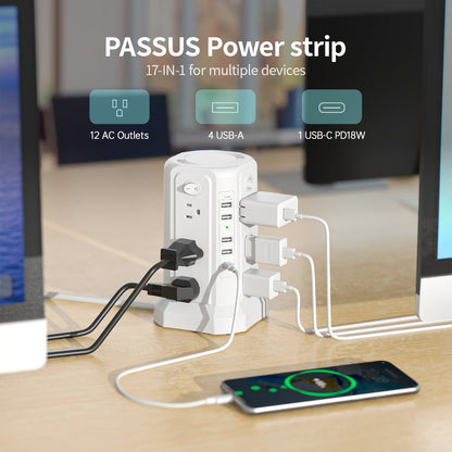 PD18W USB-C Power Strip Tower 21-in-1, 16 AC Outlets & 5 USB Ports, 1500J Surge Protector, Angled Flat Plug