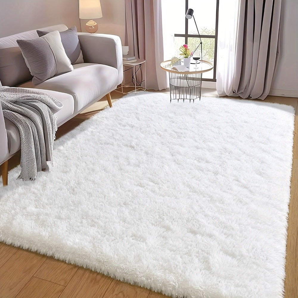 Area Rug White Fluffy High-Pile Shag in Three Washable Sizes for Living Room, Bedroom or Dorm
