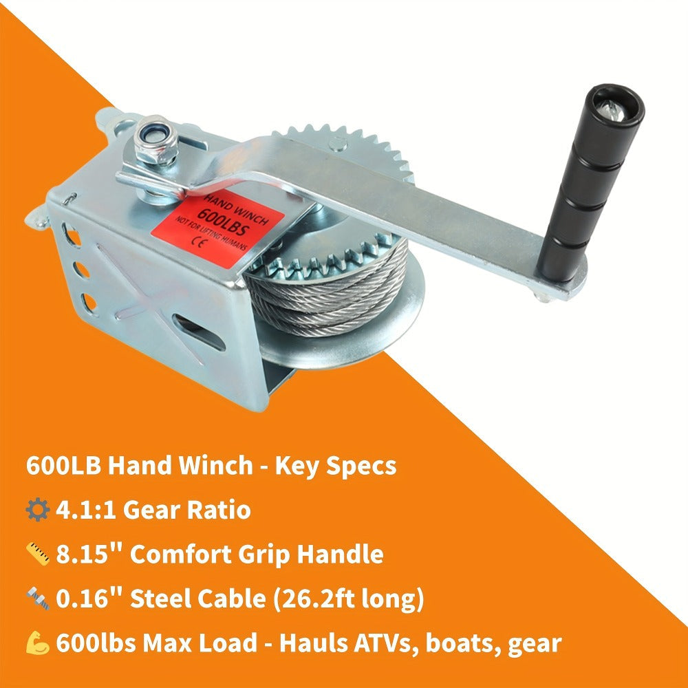 Manual Hand Winch Heavy Duty Carbon Steel 800-1600 lbs - Double Brake Safety System, Strap Winch with Mooring Hook & Safety Pawl, for Boat, ATV, Trailer, Farm, Garage & Industrial Pulling Tasks
