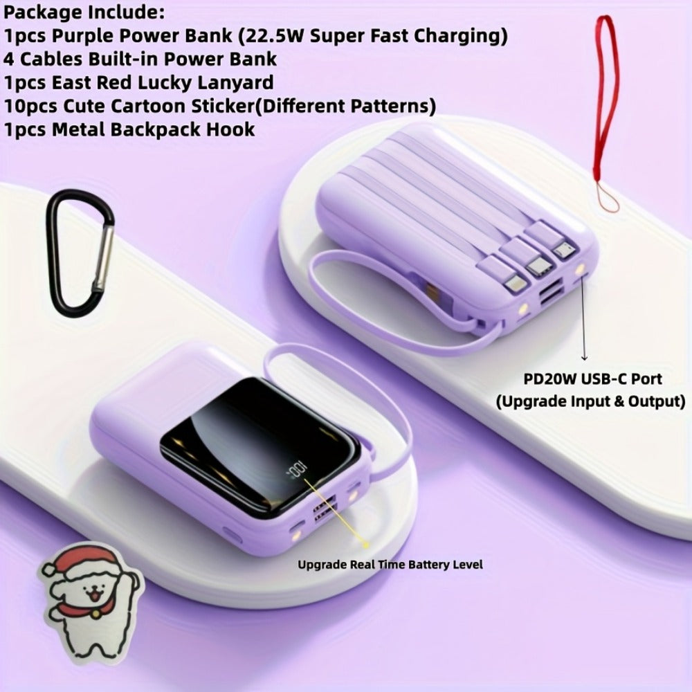 10000mAh Mini Power Bank 22.5W Super Fast Charging with 4 Built-In Cables – LED Display Cute Compact Portable Charger for iPhone Samsung Android Travel Outdoor Emergency Battery Pack