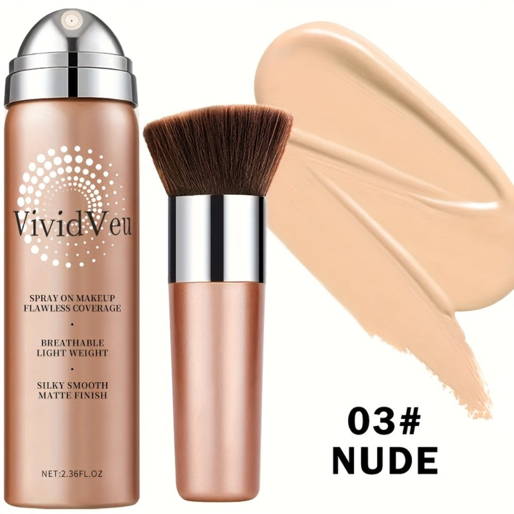 Spray-On Liquid Foundation Bottle with Matching Face Brush in Four Shades from Natural to Porcelain