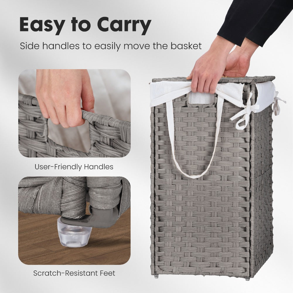 Woven Laundry Hamper with Hinged Lid, Removable Fabric Liner and Side Handles in Two Sizes and Brown or Gray