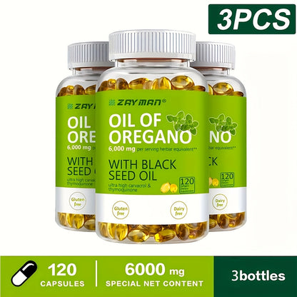 Herbal Supplements with ZEYMAN Label, Oregano Oil 6000mg and Black Seed Oil 200mg Softgels, 120 Count