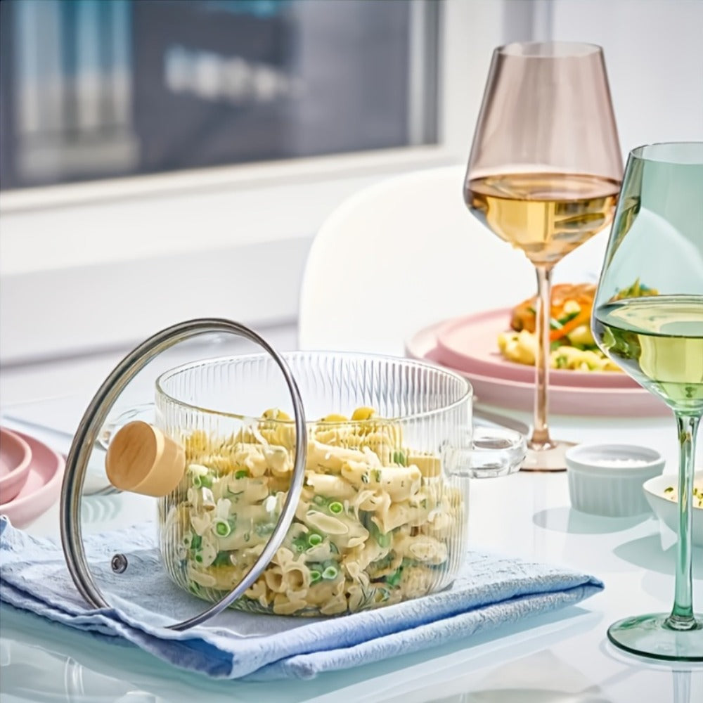 Ribbed Transparent Glass Cooking Pot with Lid in 60.87oz or 77.77oz Sizes, Clear Side Handles and Pouring Spout