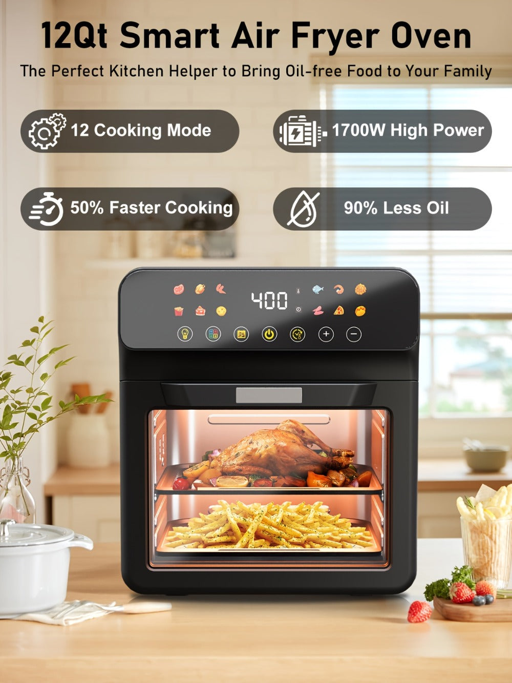 12Qt Air Fryer Convection Oven with Viewing Window, Touchscreen Panel, 12 Function Icons and Two Colors