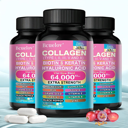 Collagen Capsules Types I II III V X with Biotin Keratin Hyaluronic Acid — Supports Skin Elasticity Hair Growth & Nail Strength | Anti-Aging Beauty Supplement | 120 Capsules