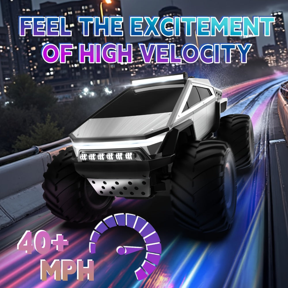 Remote Control Car, Cybertruck-Style 1:14 and 1:18 Pickup Models with 2.4GHz Control, LEDs and Spray Effect
