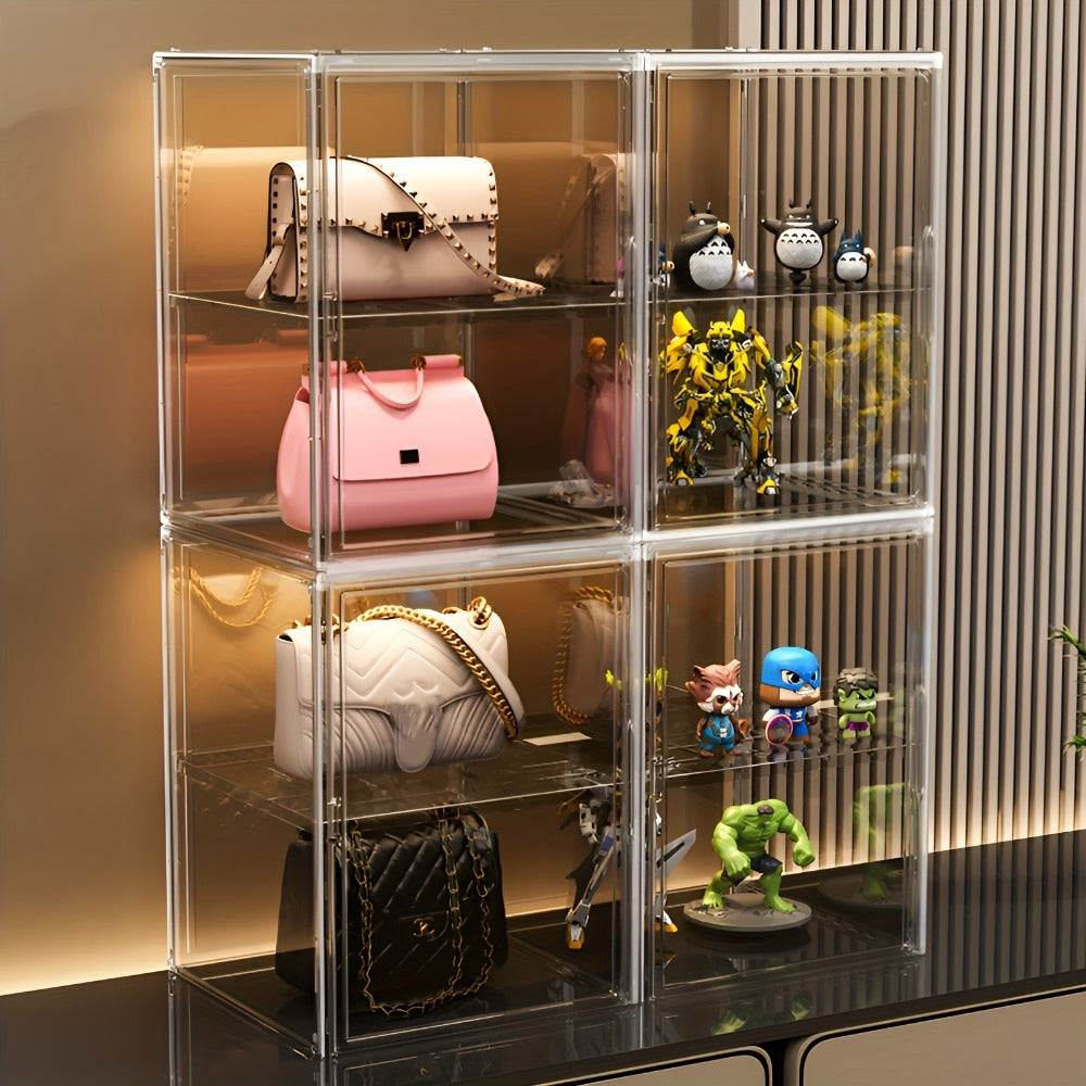 XL Clear Stackable Acrylic Storage Bin with Magnetic Lid, 50L Foldable Display Organizer in One- or Two-Piece Options