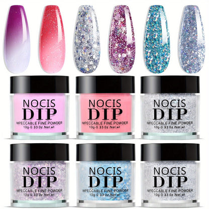Dip Powder Nail Kit with NOCIS Label, Six 10g Thermal Color-Shift and Mixed Glitter Powder Jars