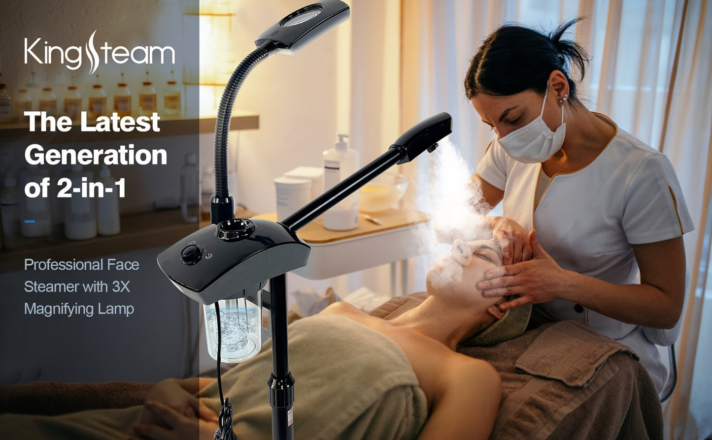 Facial Steamer with Ozone & 3X Magnifying Lamp — 2-in-1 Professional Wheeled Spa Steamer, Timer Preset, Home Face Sauna, Deep Pore Cleansing Skin Care Beauty Device for Women