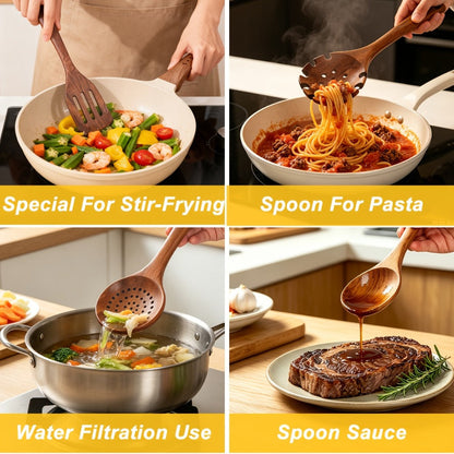 Wooden Spoons for Cooking 10 Pcs – Teak Wood Kitchen Utensils Set, Non-Stick Safe Spatulas & Spoon Cooking Tools