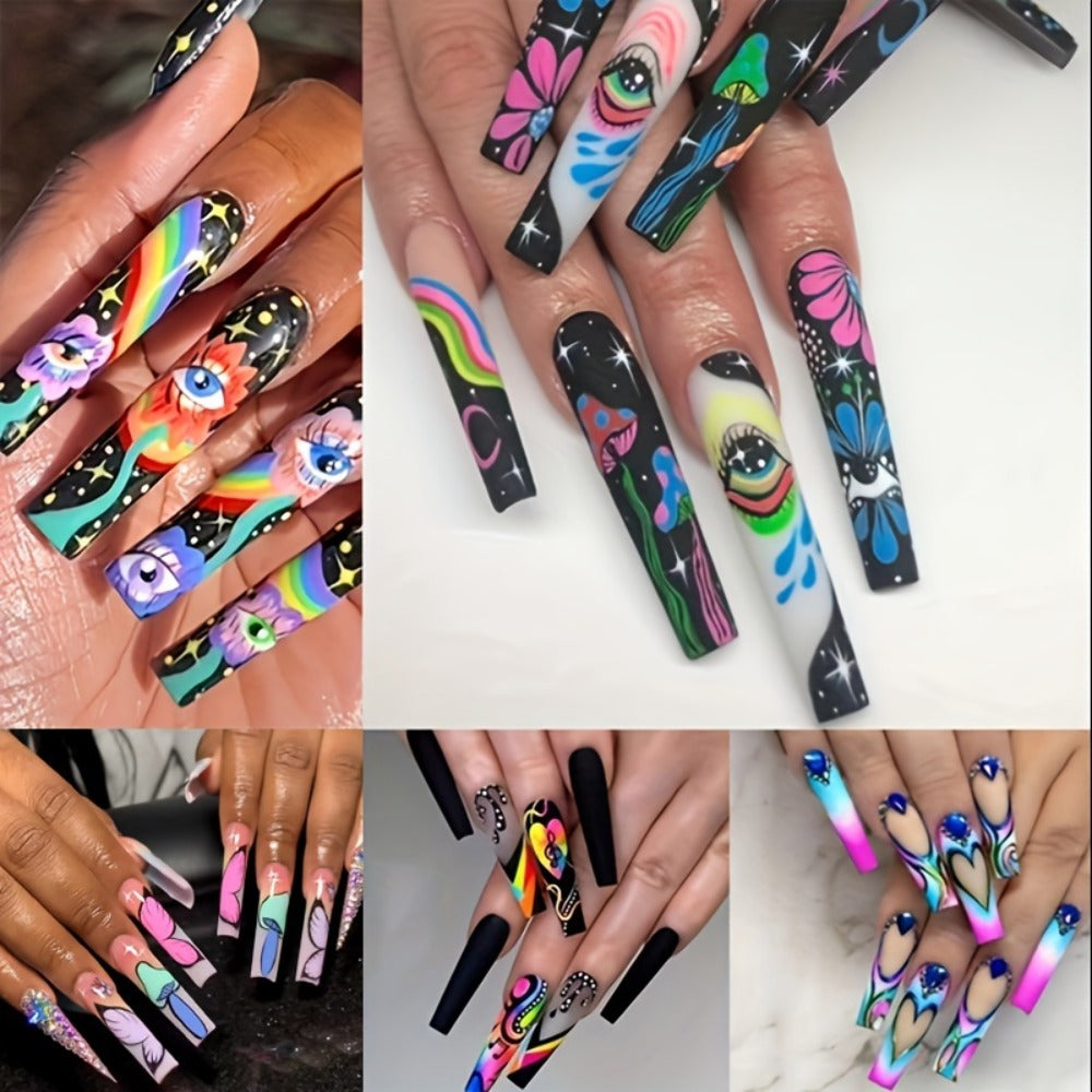 Cosmic Eyes Press On Nails 120pcs Extra Long 5 Boxes – Crystal Rhinestone Matte Colorful Stripes Floral Pattern Wearable Nail Art | Festive Gift Set for Women | Bold Party Festival Halloween Nails