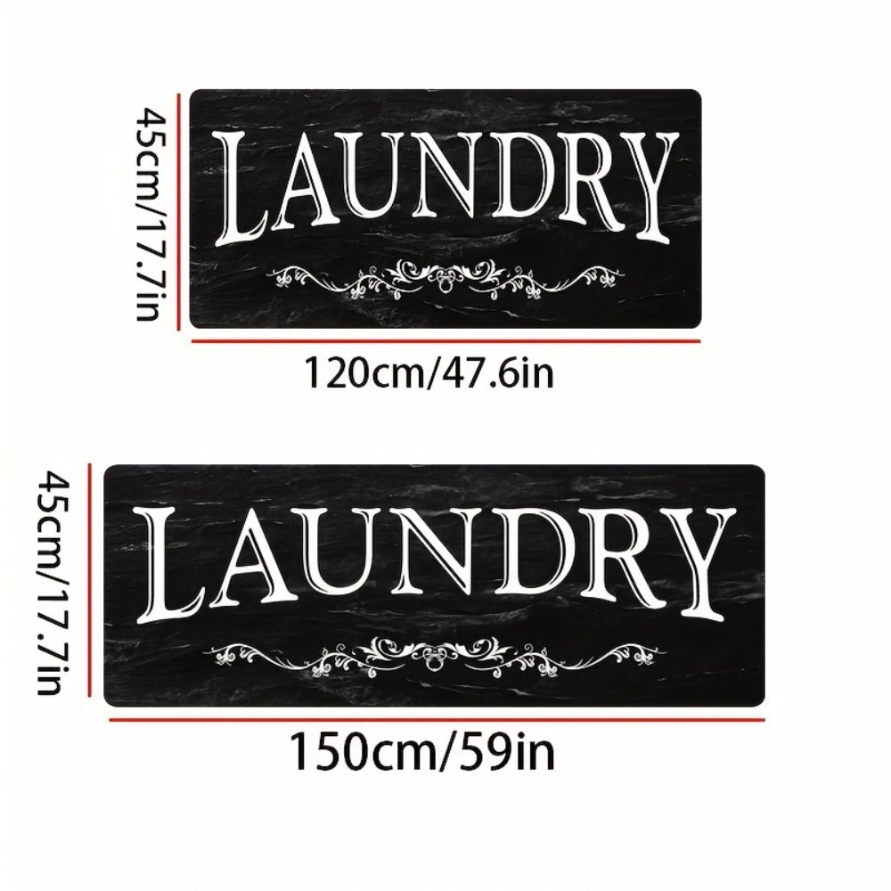 Black and White Laundry Room Mat with Bold LAUNDRY Text in 45 x 120 cm and 45 x 150 cm Size Options