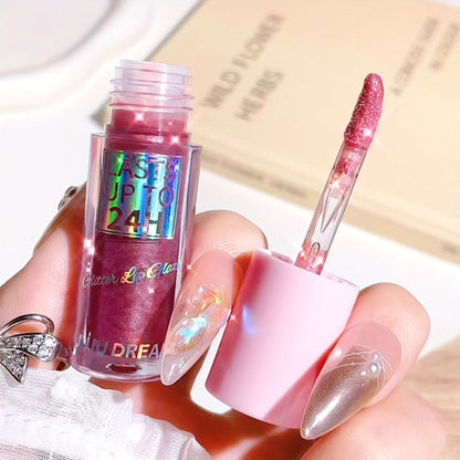 24H Waterproof Glitter Lip Gloss & Lip Stain Set 3PCS – Moisturizing Lip Oil Formula, Long-Lasting Smudge-Proof Glitter Shine in Berry Coral Pink Red Shades for Women All Skin Tones