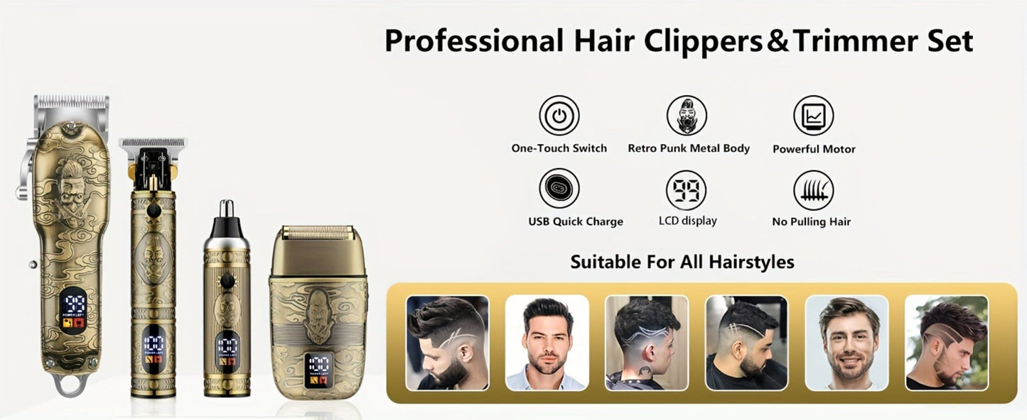 Hair Clippers & Trimmers GSRY Bronze Four-Tool Grooming Set with LCD Displays, USB Charging and Guide Combs