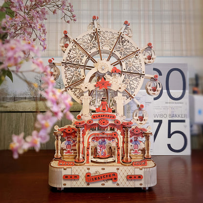 DIY Wooden Ferris Wheel Music Box Kit – 3D Mechanical Spinning Puzzle Model with Gift Box, Romantic Handcrafted Decor Gift for Adults Teens Birthday Valentine's Day Anniversary Christmas
