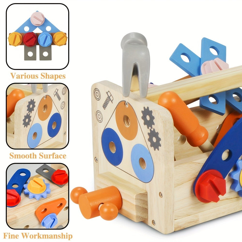 39-Piece Wooden Pretend Tool Set with Vest, Toolbox, Instruction Sheet and Six Example Builds