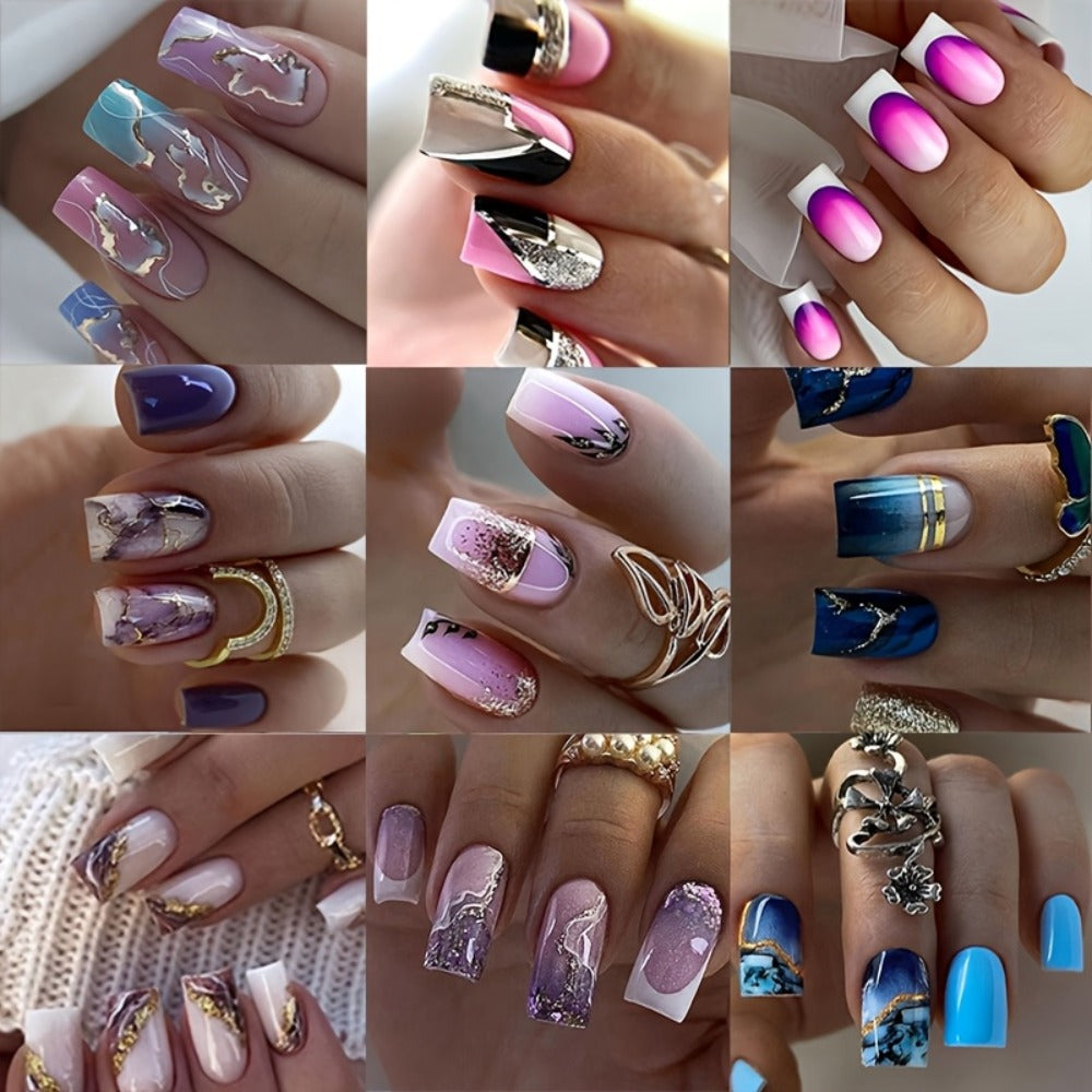 Press On Nails 216-Piece Medium Square Set with Ombre Gradient, White French-Tip and Marble Designs