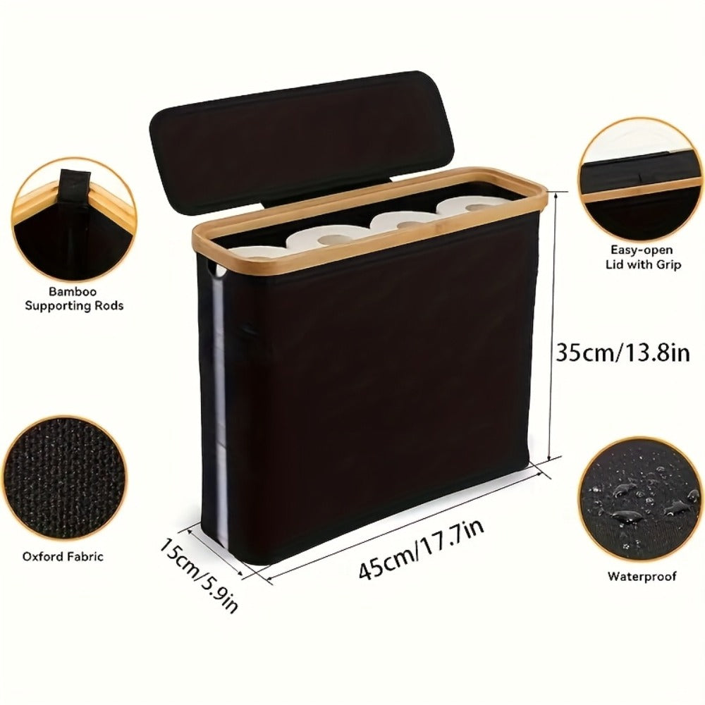 Enclosed Freestanding Toilet Paper Storage Bin with Fabric Sides, Bamboo-Look Rim and Fitted Lid in White