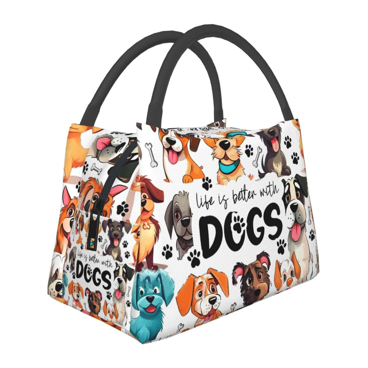 Dog-Print Lunch Tote with Black Handles in a 10.6 x 6.3 x 6.7-Inch Single Checkout and Zip Top