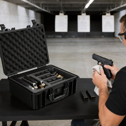 Hard Gun Case with Modular XPE Foam Interior – Heavy Duty Pistol Storage Box with Metal Hinges, 4 Lock Holes & Pressure Valve, Fits Glock & 6 Magazines, 18.7x12.5x7.5 in